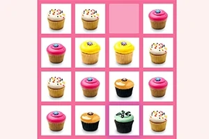 Hình ảnh gồm nhiều bánh cupcake đầy màu sắc được sắp xếp trong lưới 4x4 trên nền hồng