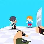 Hình ảnh hiển thị một cảnh hoạt hình với nhân vật cầm dao đứng đối diện ba nhân vật khác trên nền bàn cờ