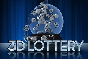 Hình ảnh hiển thị một quả cầu chứa các quả bóng số màu trắng, với dòng chữ 3D LOTTERY nổi bật phía trước