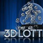 Hình ảnh hiển thị một quả cầu chứa các quả bóng số màu trắng, với dòng chữ 3D LOTTERY nổi bật phía trước