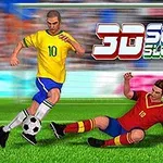 Hai cầu thủ bóng đá đang tranh bóng trên sân cỏ, với dòng chữ 3D Soccer Slot Machine ở góc trên bên phải