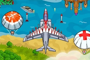 Máy bay chiến đấu bay trên không, với dù cứu thương và tên lửa bay xung quanh, trên nền cảnh biển và rừng