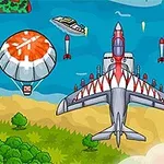 Máy bay chiến đấu bay trên không, với dù cứu thương và tên lửa bay xung quanh, trên nền cảnh biển và rừng