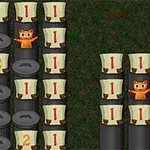 Hình ảnh hiển thị các chú mèo nằm giữa các cột thùng rác và số 1, 2