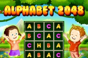 Hai đứa trẻ đang vui mừng bên cạnh bảng chữ cái với các chữ cái nhiều màu sắc dưới bầu trời trong xanh