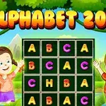 Hai đứa trẻ đang vui mừng bên cạnh bảng chữ cái với các chữ cái nhiều màu sắc dưới bầu trời trong xanh
