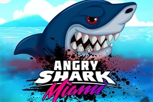 Hình ảnh một con cá mập to lớn với biểu cảm hung dữ, cùng chữ Angry Shark Miami nổi bật ở phía dưới