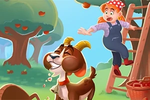 Một cô gái ngã từ thang trong vườn cây ăn trái trong khi một con dê đang cười và ăn trái cây