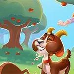 Một cô gái ngã từ thang trong vườn cây ăn trái trong khi một con dê đang cười và ăn trái cây