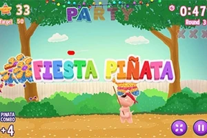 Chú gấu đang đập một chiếc piñata đầy màu sắc ở giữa khu vườn, với chữ FIESTA PIÑATA nổi bật ở phía trước, bao quanh bởi cây cối và trang trí tiệc