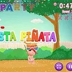 Chú gấu đang đập một chiếc piñata đầy màu sắc ở giữa khu vườn, với chữ FIESTA PIÑATA nổi bật ở phía trước, bao quanh bởi cây cối và trang trí tiệc