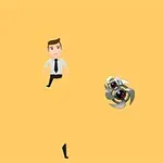 Một nhân vật hoạt hình mặc áo sơ mi trắng và cà vạt đen đang chạy, bên cạnh là một vật thể hình tròn kim loại cùng một viên ngọc màu xanh lá trên nền màu cam
