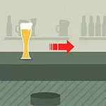 Ly bia đầy bọt với mũi tên đỏ chỉ hướng, kèm biển báo 300m trên nền quán bar với kệ chai và cốc