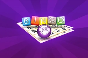 Hình ảnh có nền tím với chữ BINGO nhiều màu sắc nổi trên một tấm thẻ số và quả bóng tím số 75
