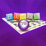 Hình ảnh có nền tím với chữ BINGO nhiều màu sắc nổi trên một tấm thẻ số và quả bóng tím số 75