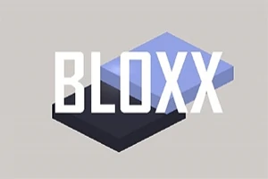 Chữ BLOXX màu trắng nằm trên nền hai khối hình chữ nhật chồng lên nhau có màu xanh và đen