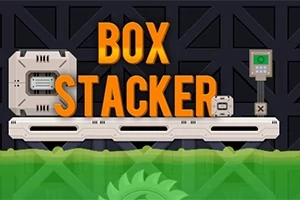 Băng chuyền với các hộp và chữ Box Stacker nổi bật trên nền tối