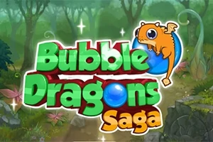 Hình ảnh có dòng chữ Bubble Dragons Saga với nền rừng và một con rồng nhỏ màu cam đang ôm một quả bóng xanh