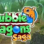Hình ảnh có dòng chữ Bubble Dragons Saga với nền rừng và một con rồng nhỏ màu cam đang ôm một quả bóng xanh