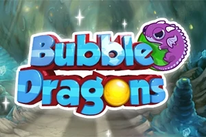 Chữ Bubble Dragons nổi bật với con rồng tím và một quả bóng vàng trên nền hang động huyền bí