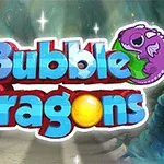 Chữ Bubble Dragons nổi bật với con rồng tím và một quả bóng vàng trên nền hang động huyền bí