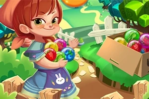 Bé gái với mái tóc nâu buộc khăn đỏ, mặc váy xanh có in hình chú thỏ, đang đứng cạnh hộp đầy trái cây màu sắc trên con đường mòn trong khu vườn hoạt hình
