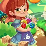 Bé gái với mái tóc nâu buộc khăn đỏ, mặc váy xanh có in hình chú thỏ, đang đứng cạnh hộp đầy trái cây màu sắc trên con đường mòn trong khu vườn hoạt hình