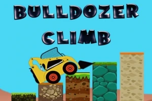 Máy ủi màu vàng đang leo lên các khối đất xếp chồng với chữ Bulldozer Climb phía trên