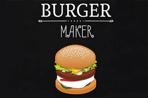 Hình ảnh một chiếc burger nhiều tầng với bánh mì, nhân và rau xanh, kèm chữ BURGER MAKER ở phía trên