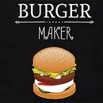 Hình ảnh một chiếc burger nhiều tầng với bánh mì, nhân và rau xanh, kèm chữ BURGER MAKER ở phía trên
