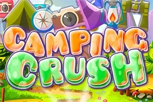 Hình ảnh có dòng chữ Camping Crush với phông nền hoạt hình gồm lều trại, la bàn và máy ảnh