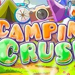 Hình ảnh có dòng chữ Camping Crush với phông nền hoạt hình gồm lều trại, la bàn và máy ảnh