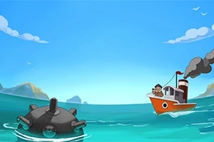 Một con tàu hơi nước nhỏ trên biển với khói bốc lên từ ống khói, một người đang nhìn về hướng một quả mìn dưới nước gần đó