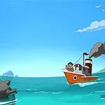 Một con tàu hơi nước nhỏ trên biển với khói bốc lên từ ống khói, một người đang nhìn về hướng một quả mìn dưới nước gần đó