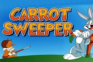 Một chú thỏ đang cầm cà rốt cạnh dòng chữ Carrot Sweeper và một nhân vật nhỏ hơn cầm súng nhắm đến chú thỏ
