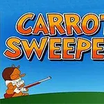 Một chú thỏ đang cầm cà rốt cạnh dòng chữ Carrot Sweeper và một nhân vật nhỏ hơn cầm súng nhắm đến chú thỏ