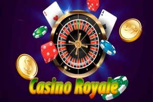 Vòng quay roulette, các quân bài, chip poker và đồng xu vàng trên nền tím với dòng chữ Casino Royale