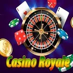 Vòng quay roulette, các quân bài, chip poker và đồng xu vàng trên nền tím với dòng chữ Casino Royale