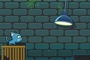 Con mèo hoạt hình màu xanh trên một cái thùng gỗ dưới ánh đèn trong không gian tường gạch tối