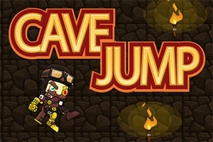 Nhân vật hoạt hình mặc đồ thám hiểm đứng trước nền tường đá với tên Cave Jump lớn màu đỏ và vàng, bên cạnh là các ngọn đuốc phát sáng