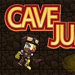 Nhân vật hoạt hình mặc đồ thám hiểm đứng trước nền tường đá với tên Cave Jump lớn màu đỏ và vàng, bên cạnh là các ngọn đuốc phát sáng