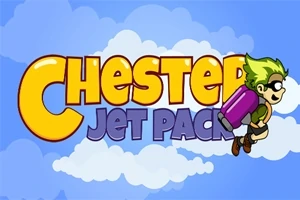 Hình ảnh có nền trời xanh với mây trắng, chữ Chester Jet Pack nổi bật và một nhân vật tóc xanh mang ba lô phản lực bên phải