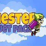 Hình ảnh có nền trời xanh với mây trắng, chữ Chester Jet Pack nổi bật và một nhân vật tóc xanh mang ba lô phản lực bên phải
