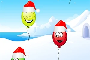 Những quả bóng bay có mặt cười đội mũ ông già Noel trên nền cảnh tuyết trắng và bầu trời xanh