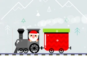 Đoàn tàu đồ họa đơn giản với ông già Noel ngồi trong, được kéo bởi một toa màu đỏ trên nền núi tuyết