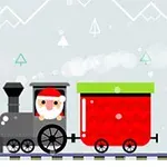Đoàn tàu đồ họa đơn giản với ông già Noel ngồi trong, được kéo bởi một toa màu đỏ trên nền núi tuyết