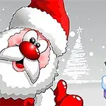 Ông già Noel cười lớn với găng tay đỏ, đứng trên nền tuyết trắng với cây thông Noel phía sau