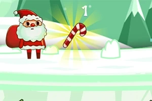 Ông già Noel đứng trên nền tuyết trắng, bên cạnh là cây kẹo gậy phát sáng