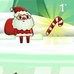 Ông già Noel đứng trên nền tuyết trắng, bên cạnh là cây kẹo gậy phát sáng