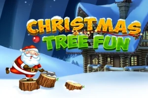 Ông già Noel đang chặt cây trên nền tuyết trắng, phía sau là ngôi nhà gỗ và chữ CHRISTMAS TREE FUN rực rỡ